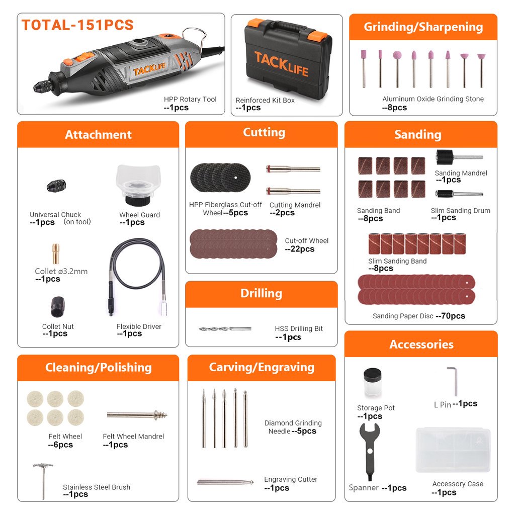 TACKLIFE Rotary Tool Kit, 135W Powerful Variable Speed Motor, 150pcs Accessories, Perfect For Crafting & DIY Projects - RTSL50AC